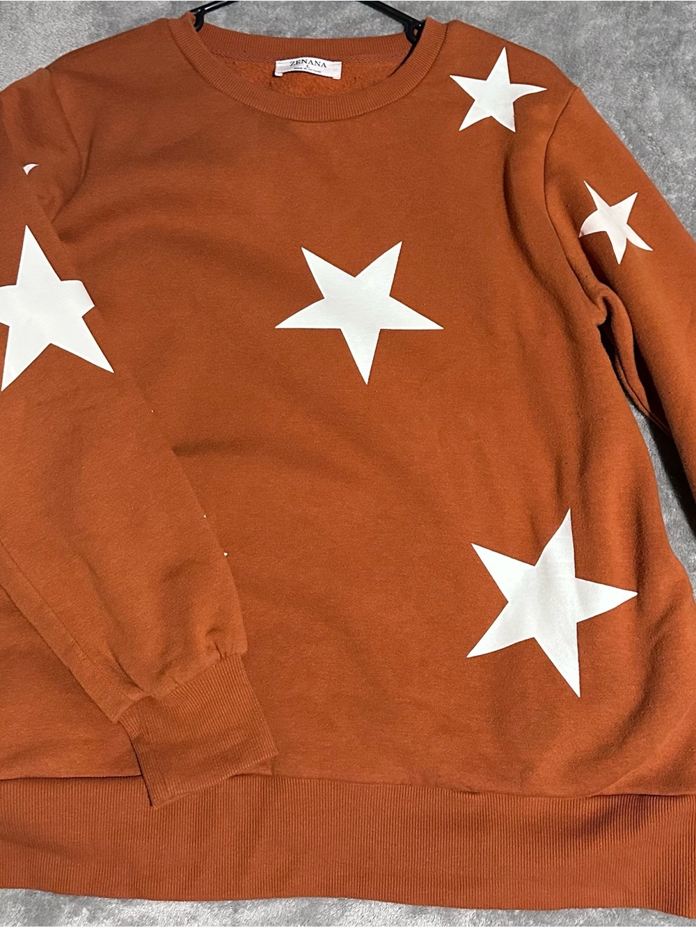 Zenana Outfitters Rust Orange Crewneck with White Star Print